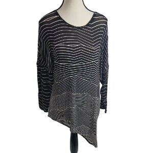 BCBGMAXAZRIA Blouse Black White Striped Asymmetrical Semi Sheer Womens Size S
